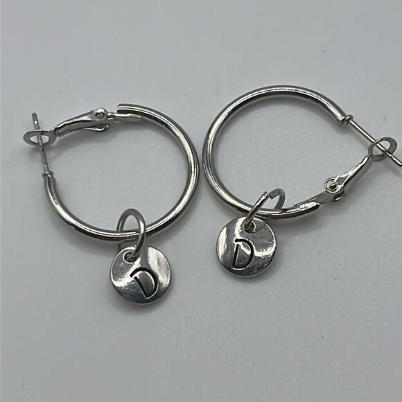 Choice of Silver-tone 1-in Hoops with Dangling Initial Charm (A-Z) - Picture 8 of 11